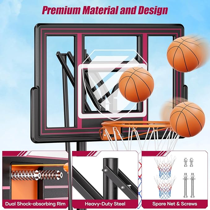 Asbest 44" Portable Basketball Hoop Outdoor | 5.5-10ft Stepless Adjustable Height Basketball Goal System for Driveway, Backyard, for All Ages