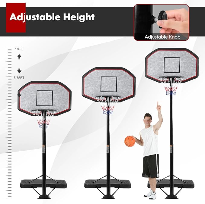 Goplus Portable Basketball Hoop Outdoor, 6.5FT- 10FT Height Adjustable Basketball Stand with Wheels, 44Inch Backboard, Fillable Base, Indoor Outdoor Basketball Goal System for Adults
