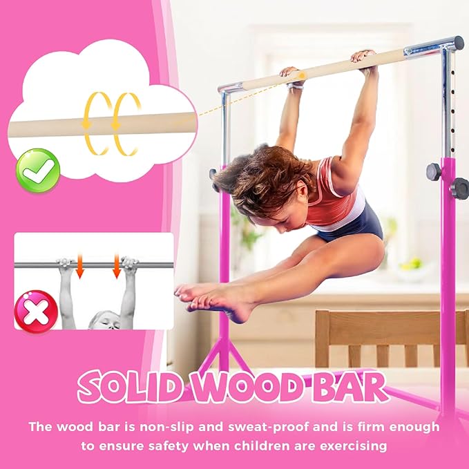 Kangaroo Hoppers Gymnastics Bar with Mat for Kids 3-15, Adjustable 35.4"-57.1" Gymnastics Horizontal Bars with Steel Frame at Home/Indoor Training, 260LBS (Pink)