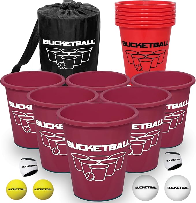 BucketBall | Team Color Edition | Combo Pack (Maroon/Red): Original Yard Pong Game: Best Camping, Beach, Lawn, Outdoor, Family, Adult, Tailgate, Jumbo, Giant Game