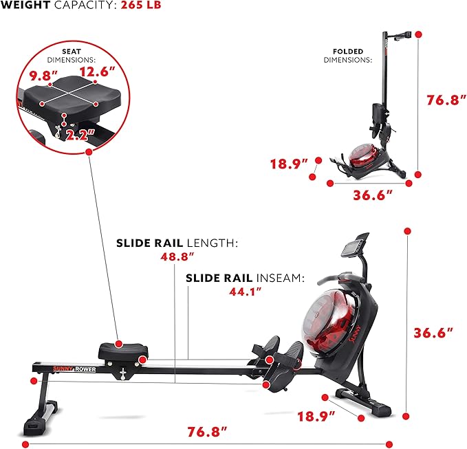 Sunny Health & Fitness Elite Water Rowing Machine with High Dynamic Resistance Vertical Tank, Low-Impact Full-Body Workout and Optional Free SunnyFit App Connectivity