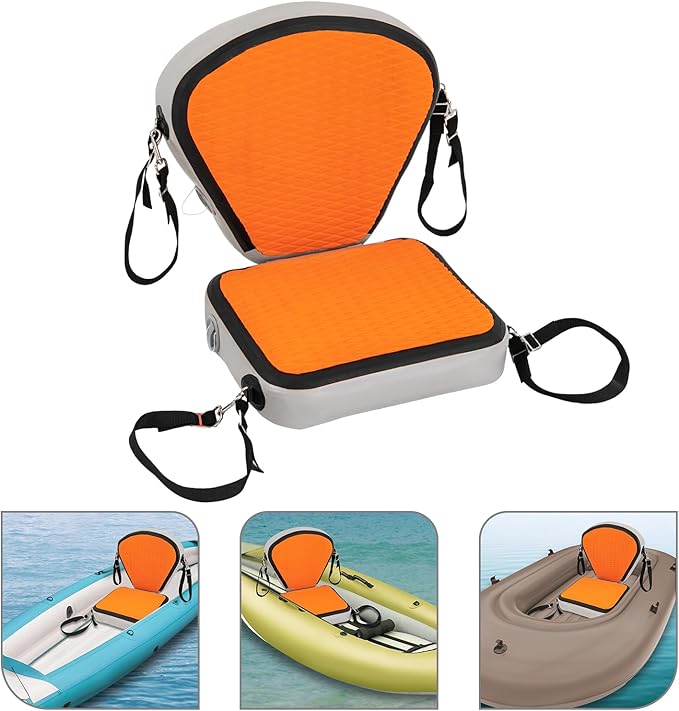 Kayak Seat Inflatable Padded Boating Seat PVC Portable Thicken Seat Cushion w/Back Support Adjustable Strap for Kayaking Canoeing Drifting Rafting Fishing Adolescents and Adults (Orange)
