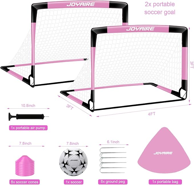 Kids Soccer Goals for Backyard Set, Portable Toddler Soccer Goal 2 of 4x3 ft, 6x4 ft, 7x5 ft, Soccer Training Equipment, Pop Up Soccer Net Kit with Size 4 Soccer Ball, Youth Games, Outdoor Sports Play