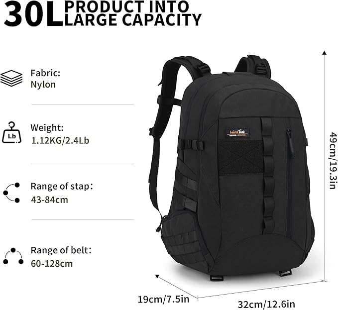 WindTook 30L Military Tactical Backpack for Men and Women,Molle Hiking daypacks Assault Pack 3 Day Bug Out Bag for Camping Travel Army Hunting Gym Rucksack Survival (Black)