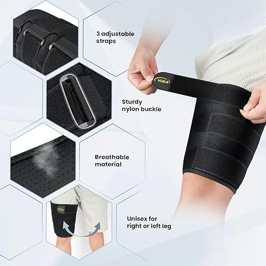 Hamstring Compression Sleeve with 3 Adjustable Straps,Thigh Compression Sleeve for Men Women,Thigh Wrap Compression for Pulled Hamstring,Groin ,Quad,Hamstring Brace for Hamstring Injury, Leg Brace for Upper Thigh support (Black, X-Large)
