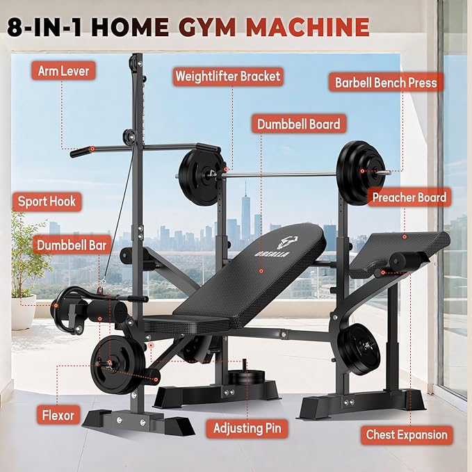 Adjustable Weight Bench Press Set - Full Body Strength Training Workout Bench, 8 in 1 Multi-Function Exercise Equipment with Leg Developer, Preacher Curl Pad, Chest Fly for Home Gym