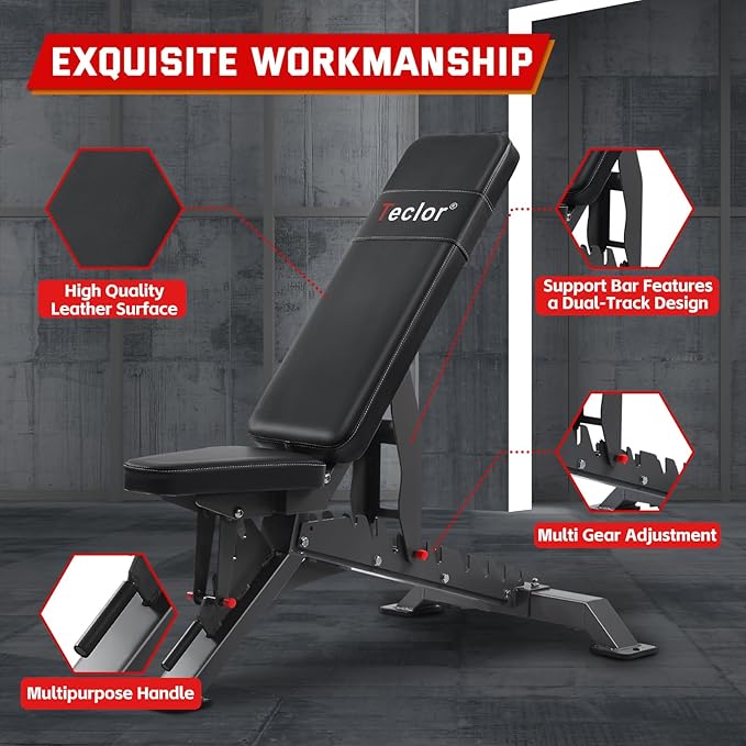 Adjustable Weight Bench with 1400LB Capacity for Home Gym,Heavy Duty Bench,Adjustable Foldable Decline Bench Press, Incline Flat Sit-Ups - Best Home Workout Equipment with Wheels,Black