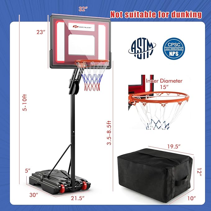 Goplus Portable Basketball Hoop Outdoor, 5FT-10FT Height Adjustable Basketball Stand System with Shatterproof Backboard, Weighted Bag, Indoor Outside Court Basketball Goal for Kids Youth