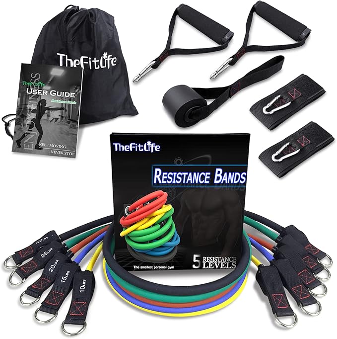 TheFitLife Resistance Bands with Handles - Designed for American Body Types, Exercise Workout Tubes for Men, Women, Includes Large Handles, Ankle Straps, Door Anchor, Fitness Levels