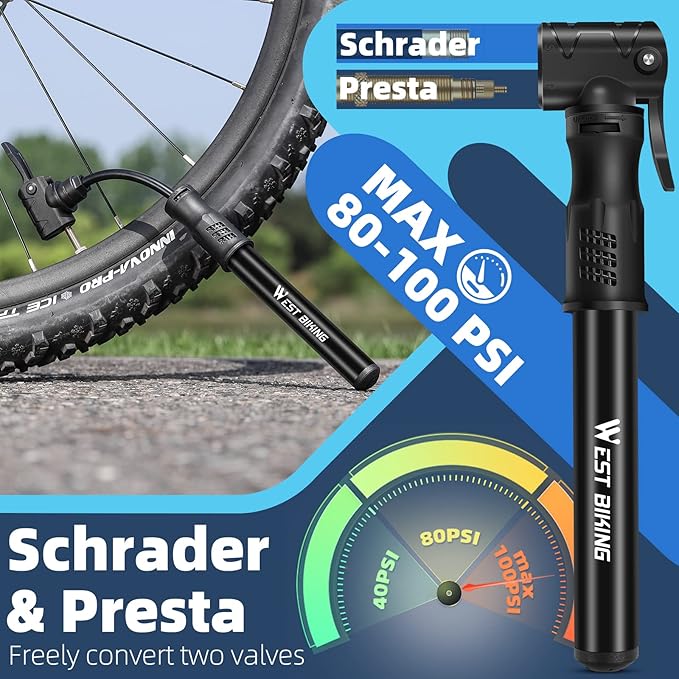 Bicycle Pump Mini Bike Pump - Aluminum Alloy Cycle Pump for Presta & Schrader Valve, Portable Lightweight Bike Tyre Pump Fast Tyre Inflation Mini Air Pump for Mountain Road Bike Ball Pump