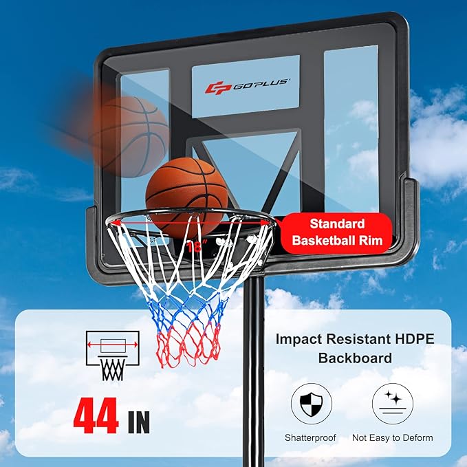 Goplus Portable Basketball Hoop, 10FT Height Adjustable Basketball Goal w/44‘’ Shatterproof Backboard, Outdoor Basketball Stand for Adults Backyard Driveway