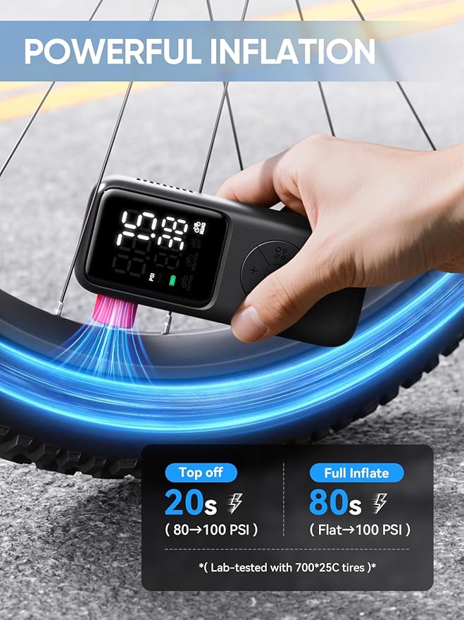 Mini Electric Bike Pump,120 PSI Bike Pump Portable with Guage Auto Stop, Bicycle Pump with Presta and Schrader, Bike Tire Pump Valve for Road Bicycle, Mountain Bike, E-Bike,Sports Ball