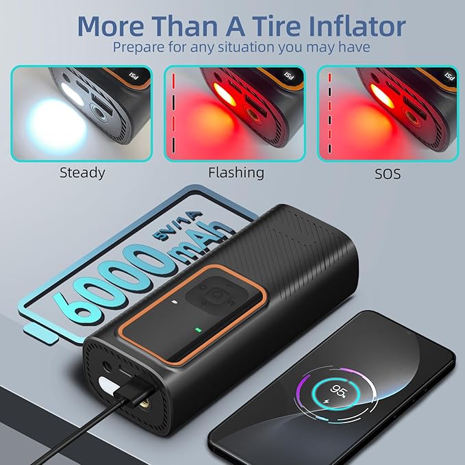 Cordless Tire Inflator Portable Air Compressor, 150 PSI Air Pump with Rechargeable Battery, Tire Pressure Gauge, 12V Car Power Adapter, Smart Air Pump for Car, Motorcycle, Bike, Ball