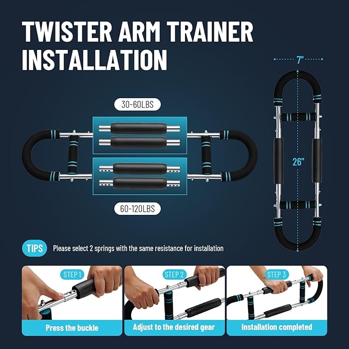 Twister Arm Trainer with 4 Springs, 30-120lb Adjustable 6 Resistance Levels Twister Arm Chest Exerciser, Portable Chest Workout Equipment for Men & Women, Enhancing Upper Body Muscle (Yellow)