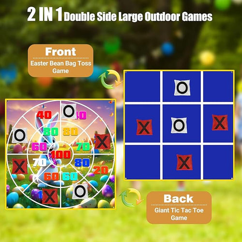 2-in-1 Outdoor Games Large Bunny Egg Bean Bag Toss & Giant Tic Tac Toe 4.5Ft, Double-Sided Lawn Yard Game for Kids Adults, Easter Party, Camping Backyard Carnival Field Day, Family Reunion Fun
