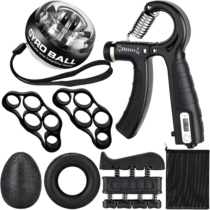Hand Grip Strengthener Workout Kit (8 Pack) Forearm Grip Adjustable Resistance Hand Gripper, Finger Stretcher, Finger Exerciser, Grip Ring，Gyro Ball (black)