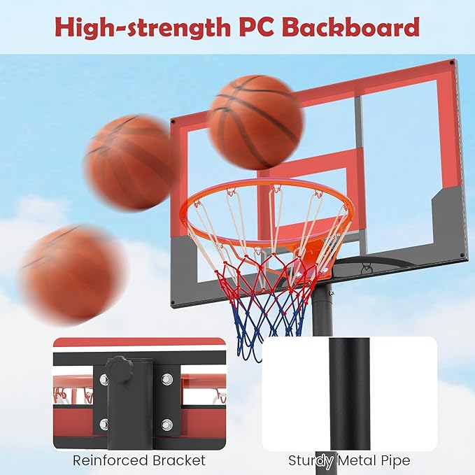 GYMAX Basketball Hoop Outdoor, 3.3-7/10 FT Adjustable Portable Basketball Goal with Wheels, PC Backboard, Fillable Base for Kids, Youth & Adults in Backyard, Driveway, Pool