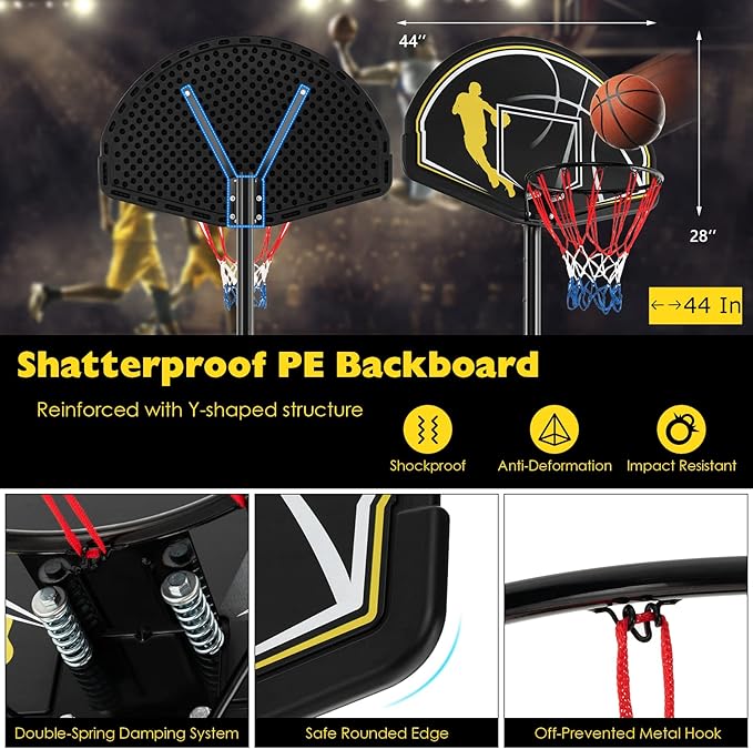 Goplus Portable Basketball Hoop Outdoor Indoor, 4.25-10FT 12-Level Adjustable Basketball Goal w/ 44’’ Shatterproof Backboard, Fillable Base, Basketball Stand System for Youth Adults