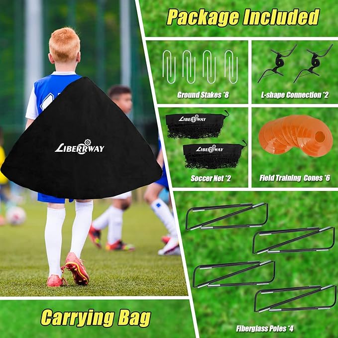 LIBERRWAY Soccer Goal 4'x 3' Portable Kids Soccer Goals for Backyard or Indoor Pop Up Soccer Net with 6 Training Cones, Carrying Bag, 8 Ground Stakes