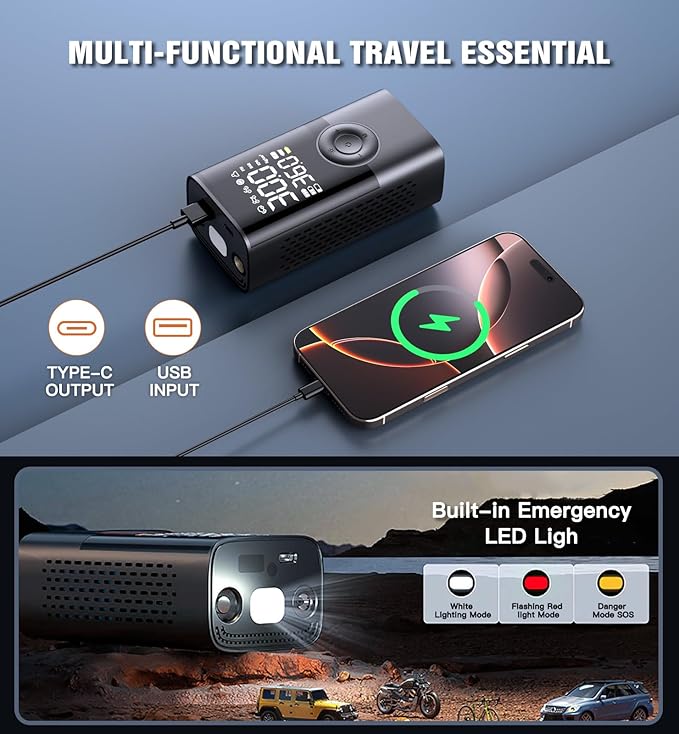 Tire Inflator Portable Air Compressor Portable Cordless Mini Air Pump with Digital Pressure Gauge Inflater 150PSI Fast Inflation and Auto Shutoff Function Tires Pump for Cars Motorcycles Bikes Balls