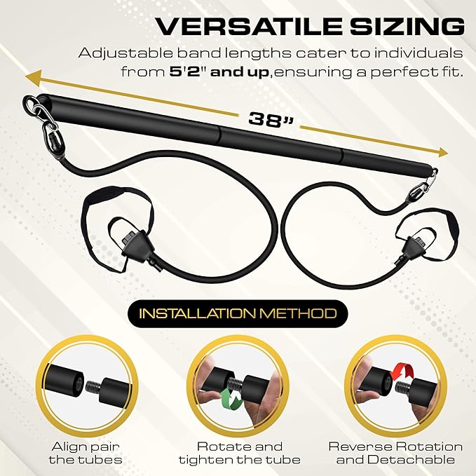Pilates Bar Kit with Resistance Bands for Women & Men(30,40,50 Lbs), Pilate Bar with Non-Slip Foot Belts, 3-Section Pilates Bar Workout Equipment for Legs, Hip, Waist and Arm