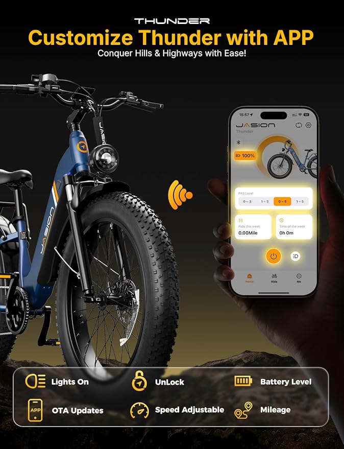 Jasion Thunder Electric Bike, 30+MPH 1500W Peak Motor E Bikes, 80Miles Range with 864Wh Battery, Hydraulic Disc Brakes, Front Suspension, 26'' x 4'' Fat Tire Adults Electric Bicycles, APP Control
