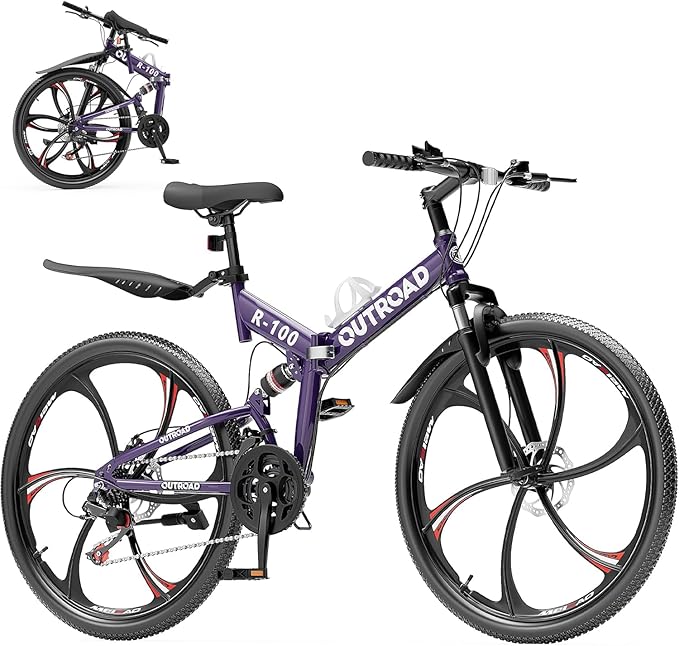 26 Inch Folding Mountain Bike with High Carbon Steel, 21 Speed City Bike with Dual Suspension, Folding Bicycle for Adults Men and Women