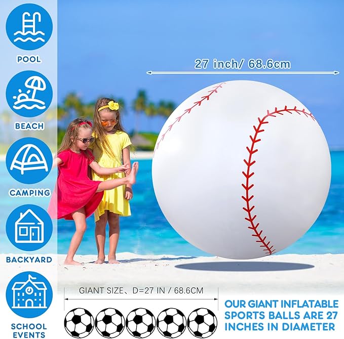 Lewtemi Giant Inflatable Sports Balls Large Inflatable Beach Ball Baseballs Soccer Rainbow Basketball Football for Sport Birthday Party Favor(2 Pcs,Soccer, Baseball,27 Inch)