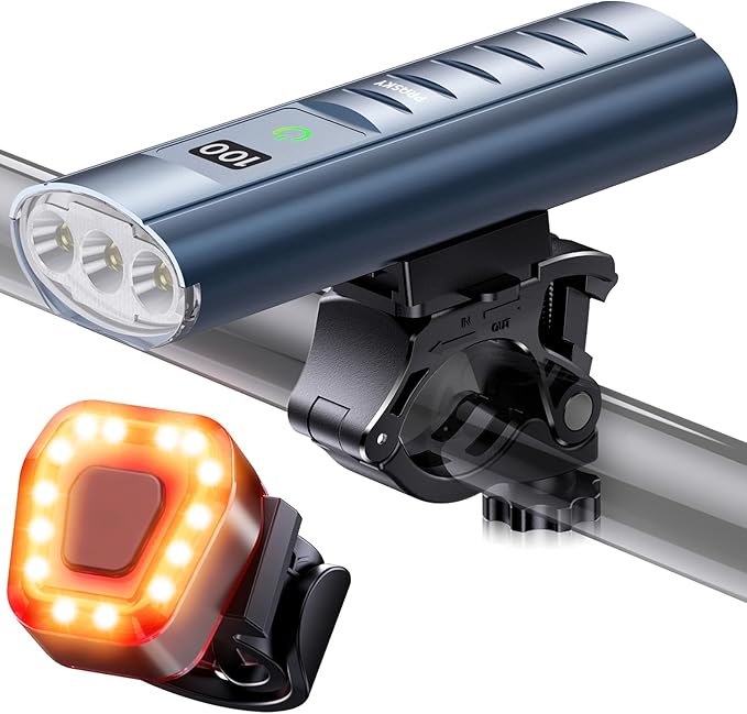 High Lumen Bike Light Set, Prasky Rechargeable Bicycle Lights Front and Rear, Super Bright LED Headlight, IP65 Waterproof Multiple Modes Road Mountain Bike Lights for Night Riding