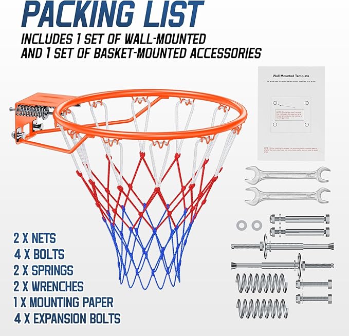 Basketball Rim, 18" Replacement Wall Mounted Outdoor Basketball Hoop, Heavy Duty Solid Steel, Double Spring Basketball Hoop Rim with All Weather Net for Indoor and Outdoor Hanging