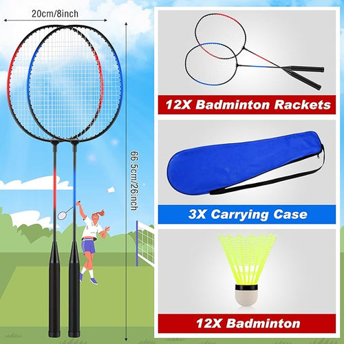 12 Pack Badminton Rackets Set Including Rackets, Nylon Shuttlecocks and Carry Bag for Outdoor Backyard Games Beginners