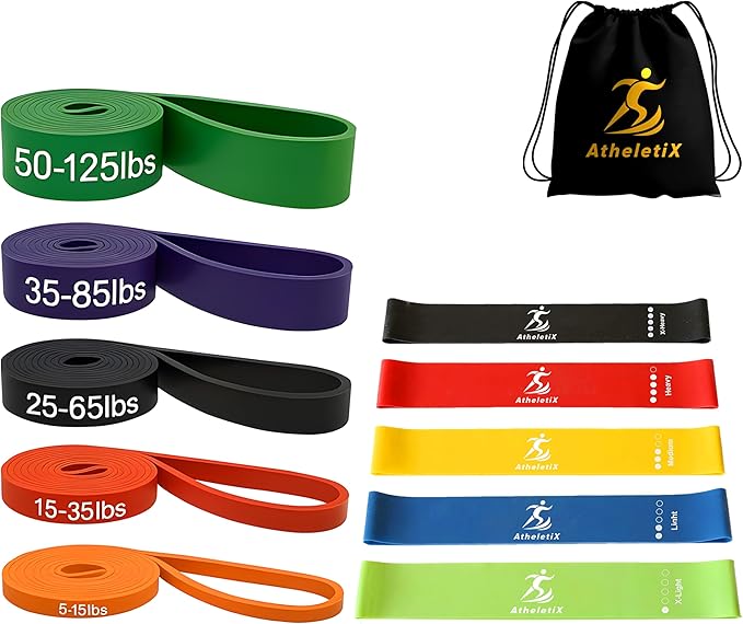 Athletix 10-Piece Resistance Bands Set | Heavy to Light Levels for Strength, Glutes, Legs, Pilates, Yoga, Stretching | Resistance Bands for Working Out | Color-Coded Exercise Bands with Carry Bag