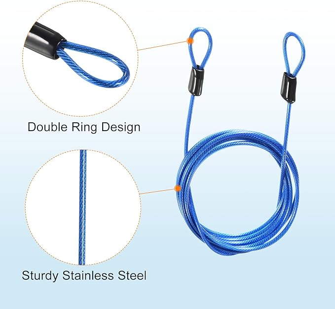 MECCANIXITY Security Steel Cable Lock, Safety Cable Flexible Wire Rope Luggage Lock 6.5feet 2.5mm Vinyl Coated Braided Steel with Double Loop for Bike Bicycle U-Lock Padlock Blue