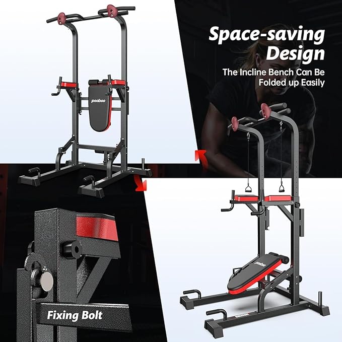 Pooboo Power Tower Dip Station Pull Up Bar for Fitness Home Gym Workout,Multi-Function Adjustable Height Fitness Strength Training Exercise Equipment,with Power Elastic Ropes