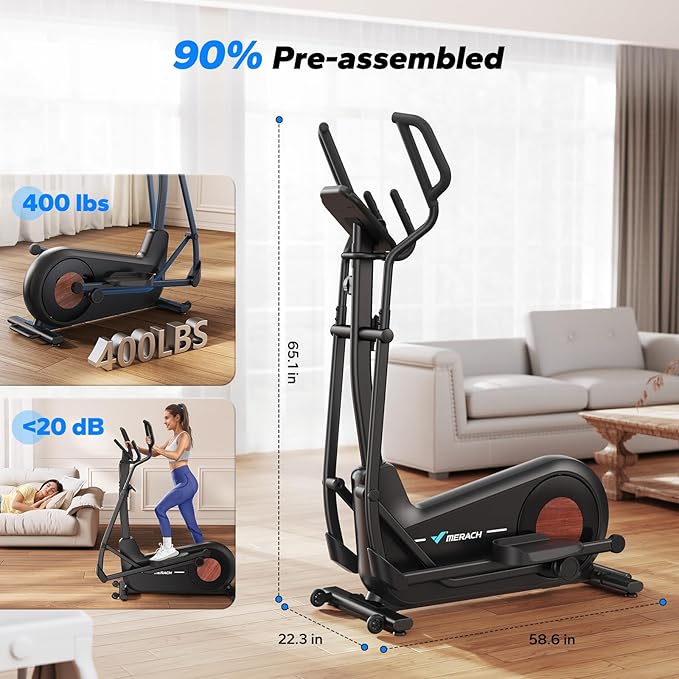 Merach Elliptical Machine, Elliptical Exercise Machine for Home with Hyper-Quiet Magnetic Drive System, Elliptical Training Machines with16.5-19IN Stride, Automatic Resistance, 400lbs Capacity