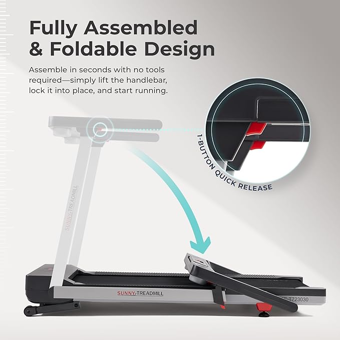 Sunny Health & Fitness Fully Assembled OneClick-Fold 20" Smart Treadmill with Auto Incline & SunnyFit App
