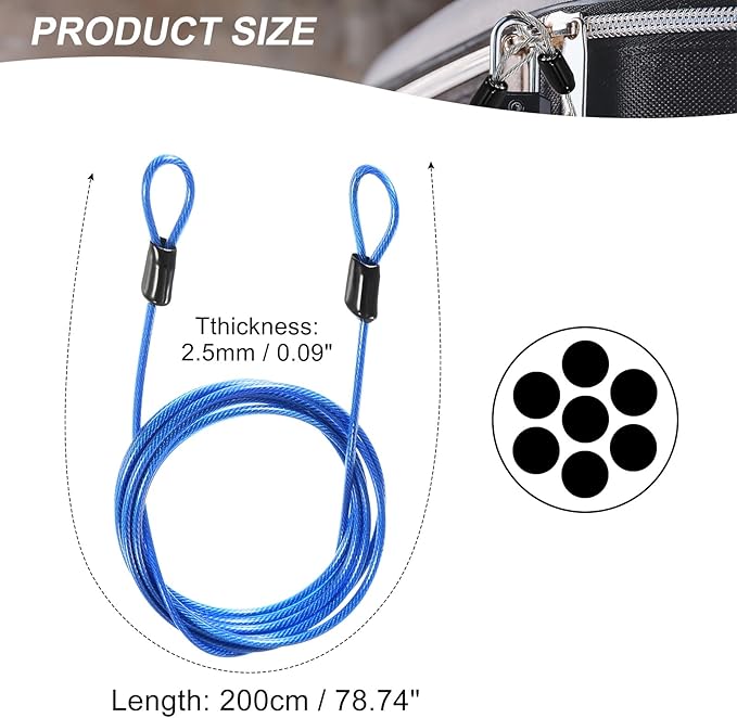 MECCANIXITY Security Steel Cable Lock, Safety Cable Flexible Wire Rope Luggage Lock 6.5feet 2.5mm Vinyl Coated Braided Steel with Double Loop for Bike Bicycle U-Lock Padlock Blue