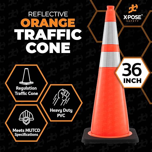 Xpose Safety 36 Inch Orange Traffic Cones with 6" & 4" Collars, 12-Pack - Multipurpose PVC Plastic Safety Cone for Parking, Soccer, Caution, Kids and Construction - DOT Approved