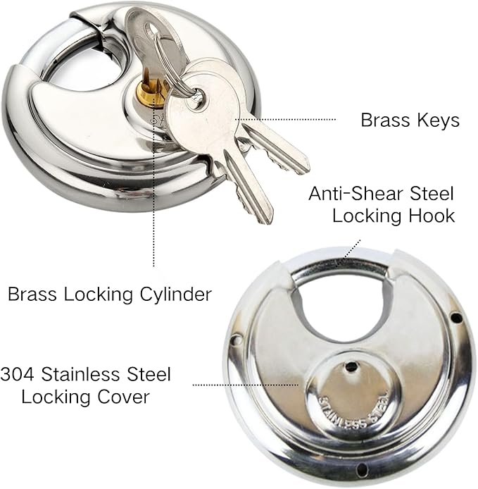 70MM Discus Padlock with Same 3 Brass Keys,304 Stainless Steel Disc Lock with Brass Gallows to Prevent Rusting,Thick Sturdy Hook to Prevent Picking.4 Pack-XZJYYF