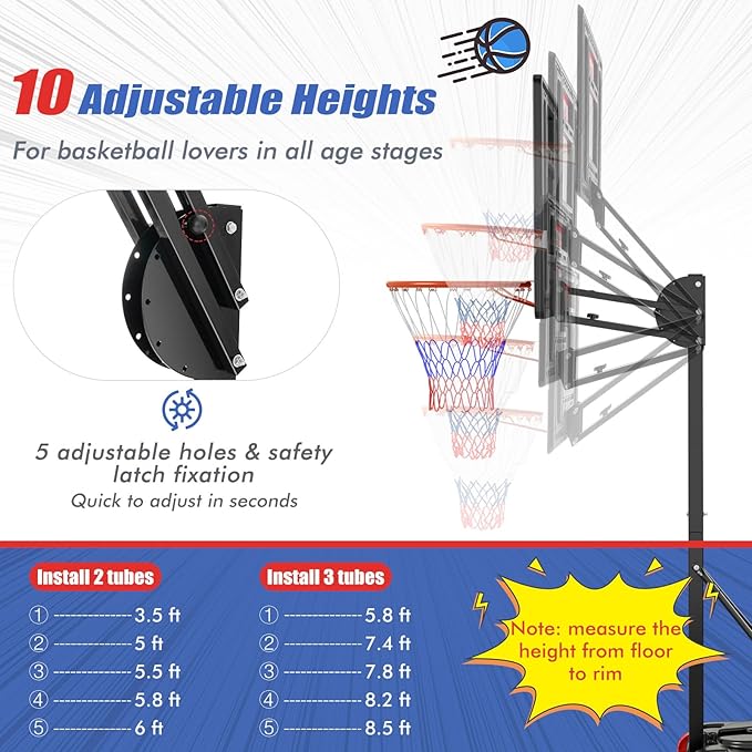 Goplus Portable Basketball Hoop Outdoor, 5FT-10FT Height Adjustable Basketball Stand System with Shatterproof Backboard, Weighted Bag, Indoor Outside Court Basketball Goal for Kids Youth