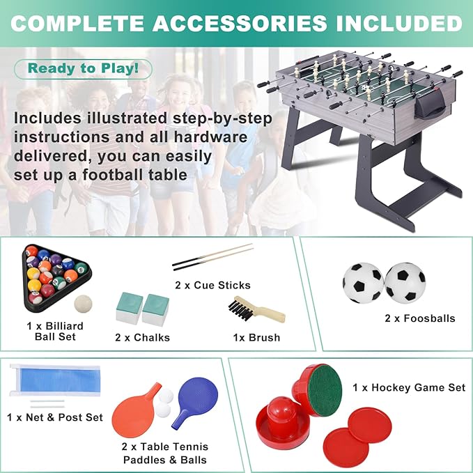 Foldable Multi Game Table, 54" 4-in-1 Combo Game Table Set with Ping Pong, Hockey, Pool Billiards and Foosball for Kids, Adults, Home, Game Room, Friends & Family