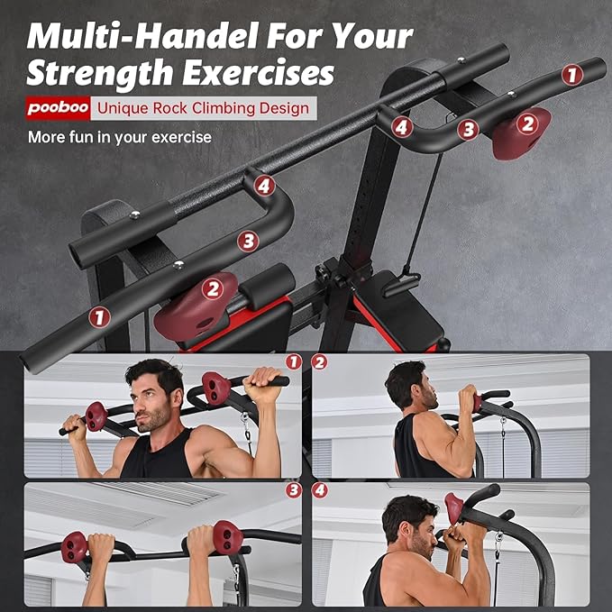 Pooboo Power Tower Dip Station Pull Up Bar for Fitness Home Gym Workout,Multi-Function Adjustable Height Fitness Strength Training Exercise Equipment,with Power Elastic Ropes