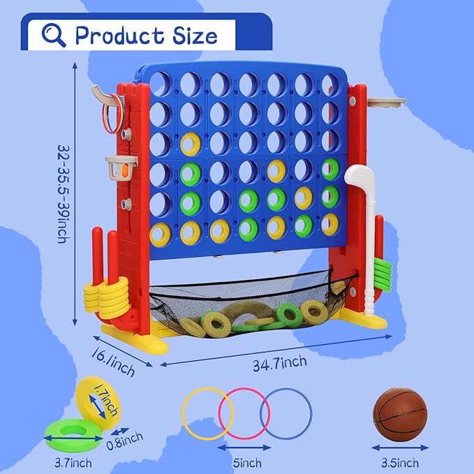 Giant 4 in A Row Game, Height Adjust Connect 4 Jumbo Yard Game Set for Kids & Adults with Mesh Catching Bag, Golf, Basketball Hoop & Ring Toss, 4-to-Score Games for Indoor/ Outdoor Fun