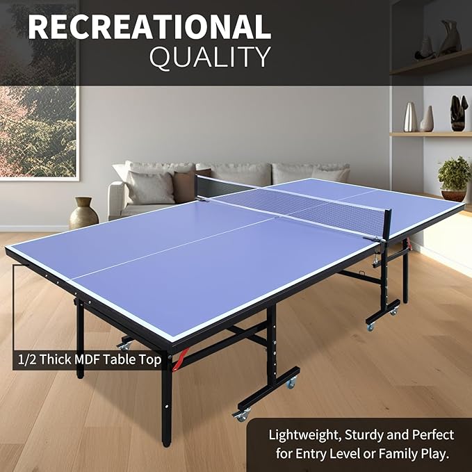Professional Table Tennis Table, Foldable Ping Pong Game Set for Indoor, 8FT 9FT Single Player Playback Mode Ping Pong Table with Net and Post Set, 2 Paddles and 3 Balls