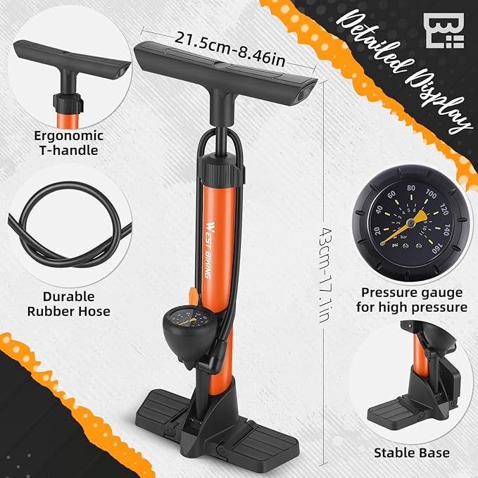Bike Floor Pump, Bikes Pump with Gauge,Bicycle Air Pump with High Pressure 160 Psi, BikeTire Pump with Presta Schrader Valves，Portable Hand Pump Bike, Fits Road Bikes MTB E-Bike, Ball