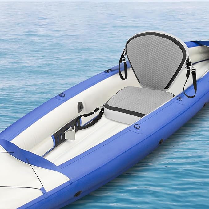 Inflatable Kayak Seat, Universal Paddle Board Seat, Thicken Seat Cushion for Kayak with Foldable Back Support Adjustable Back Strap for Sit On Top Kayaks Canoes Fishing Boats 17.7*18.8*17.7in (Gray)