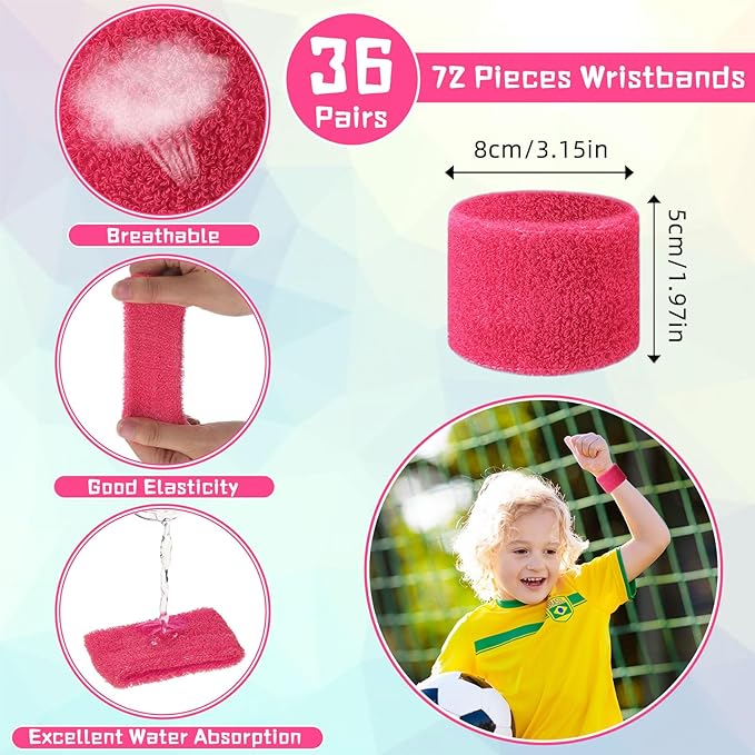 Lounsweer 72 Pcs Bulk Sports Wristbands - Sweatbands for Kids, Gifts, Party Favors, Athletics, and Fans