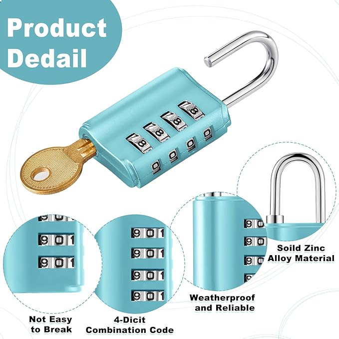 Kenning 10 Pcs Combination Padlock 4 Digit Combination Lock with Keys Locker Resetable Security Outdoor Waterproof Lock for School Sports Gym Locker Employee Fence Case (Blue)