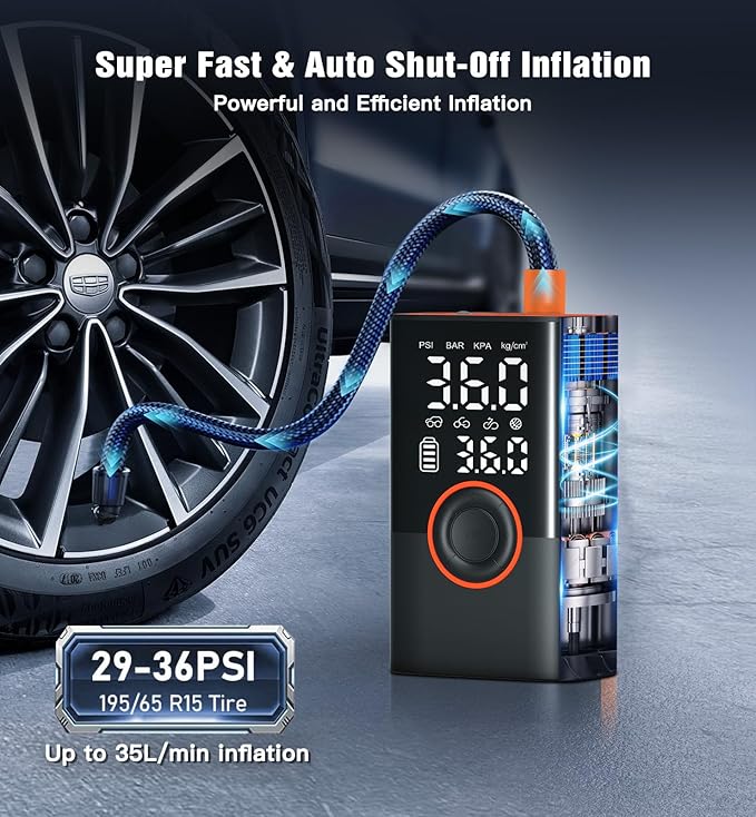 Tire Inflator Portable Air Compressor Portable Cordless Mini Air Pump with Digital Pressure Gauge Inflater 150PSI Fast Inflation and Auto Shutoff Function Tires Pump for Cars Motorcycles Bikes(Orange)