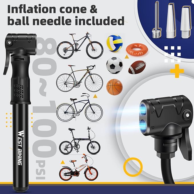 Bicycle Pump Mini Bike Pump - Aluminum Alloy Cycle Pump for Presta & Schrader Valve, Portable Lightweight Bike Tyre Pump Fast Tyre Inflation Mini Air Pump for Mountain Road Bike Ball Pump